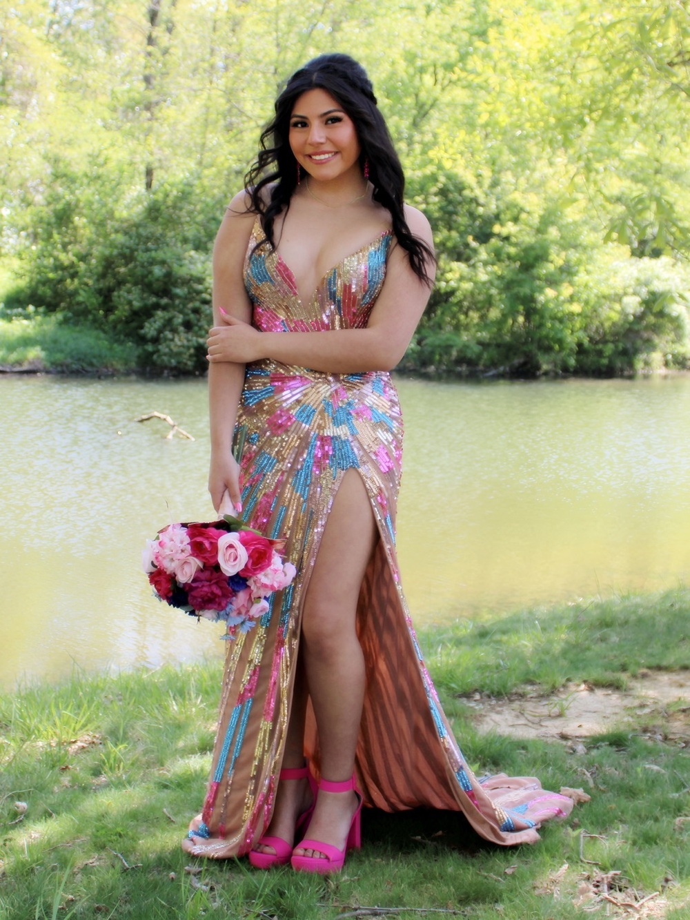 Multicolor Sequin Plunge Prom Dress with High Slit - Pink Accents